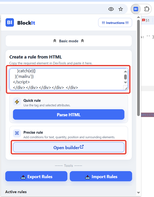 Opening the rule builder from HTML