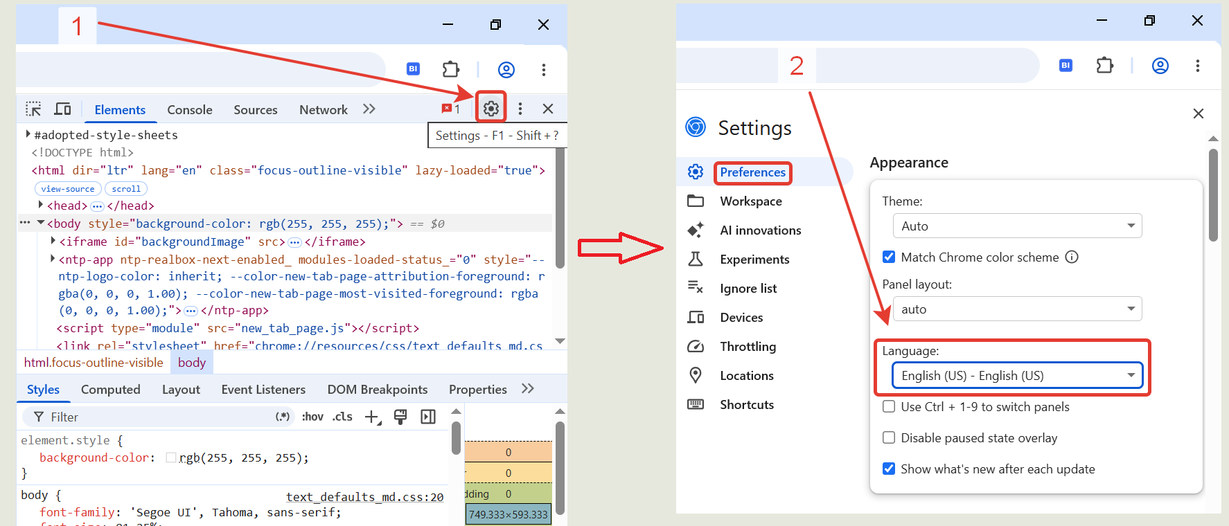 Changing the DevTools language