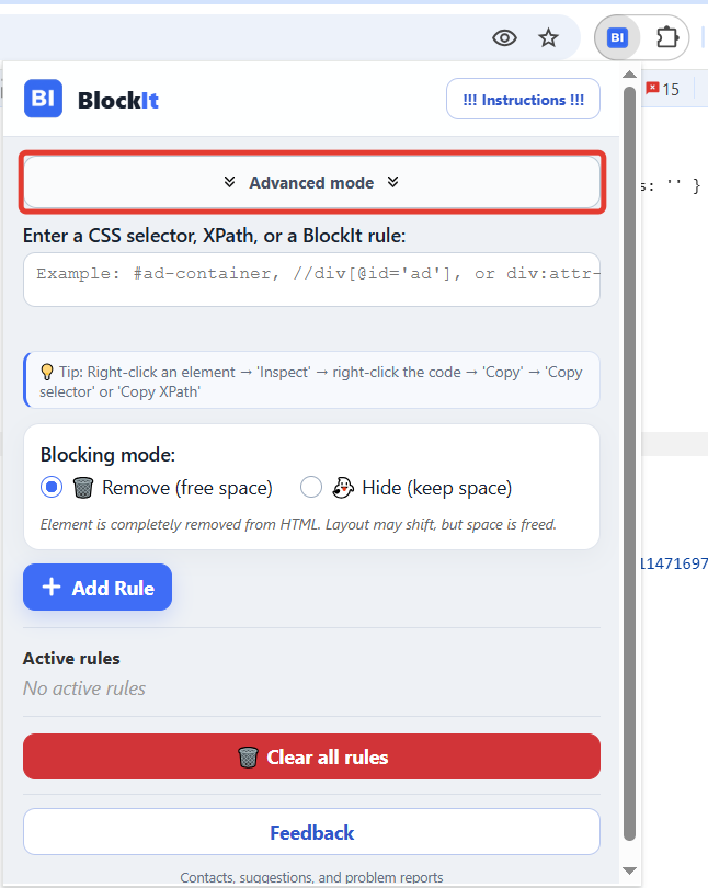 Opening BlockIt advanced mode
