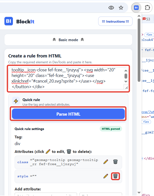Parsing an HTML element in advanced mode
