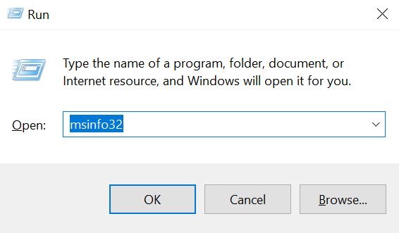 The msinfo32 command in the Run dialog