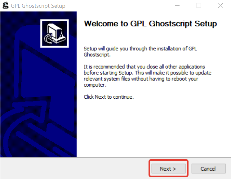 Приветствие установщика Ghostscript, кнопка Next