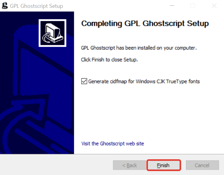 Завершение установки Ghostscript, кнопка Finish